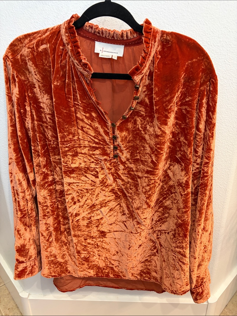 Anthropologie Crushed Velvet Long-Sleeve Top in Burnt Orange